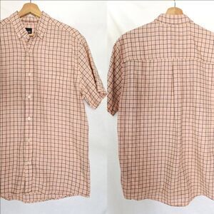 Pleasant Short Sleeve Shirt Button Down Plaid Peach Pink Black Casual Grid Large